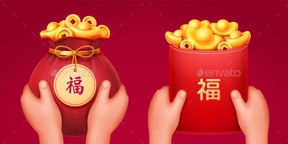 Red Envelope with Golden Ingots and Bag with Gold