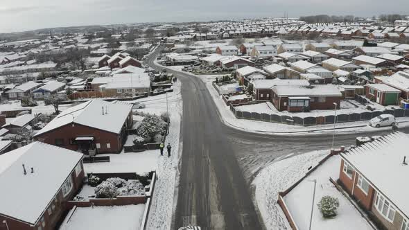 Aerial landscapes of the city of Stoke on Trent covered in snow after a sudden storm came in. Heavy