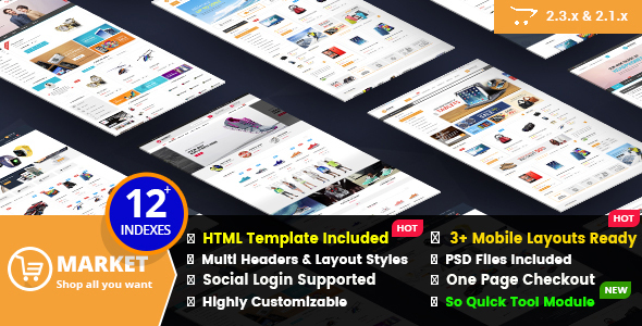 Market - Premium Responsive Theme OpenCart z układem dostosowanym do urządzeń mobilnych (12 stron domowych)