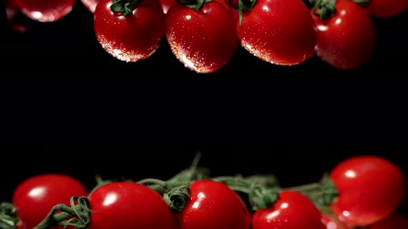 Cherry Tomatoes with Water Splash Drops at a Dark Background