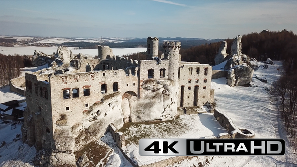 Aerial View of Ruined Medieval Ogrodzieniec Castle in the Semi-Mountainous Highland in Poland