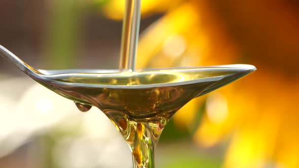 Slow Motion of Pouring Sunflower Oil Liquid Into Spoon on Nature Background