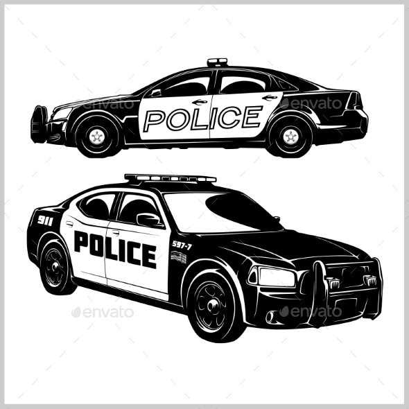 2 Police Cars Isolated on White Vector Set