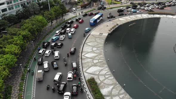 Aerial view of traffic jam in Jakarta city, indonesia