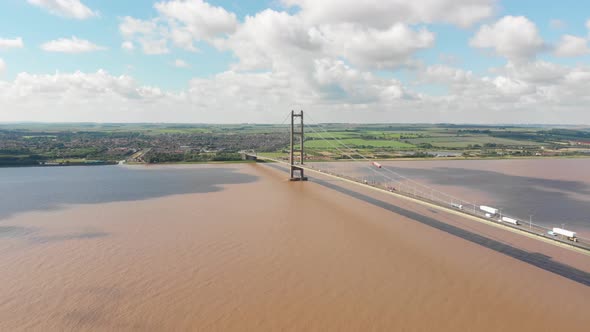 Aerial footage of The Humber Bridge, near Kingston upon Hull, East Riding of Yorkshire