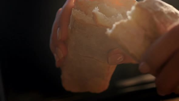 Female Hands Hold a Bread Baguette