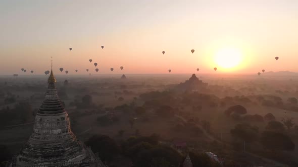 Aerial view of hot balloons in the Old Bagan temple site.