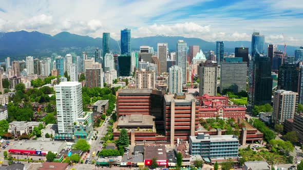 Aerial View Of Modern City Buildings On A Sunny Day. West End Downtown Vancouver In British Columbia