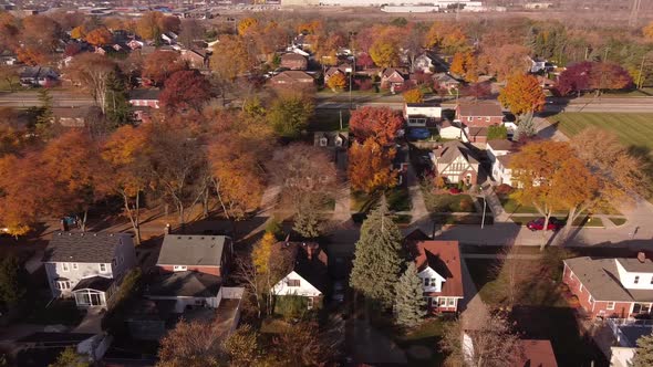 Residential Area With Colorful Autumn Landscapes During Daytime In Trenton, Michigan USA - Aerial Si