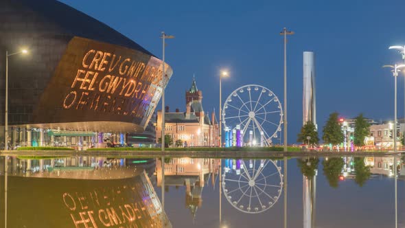 Cardiff Bay, day to night time lapse, Wales, UK