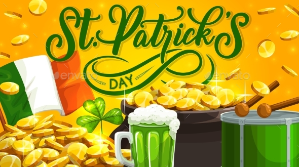Happy Patricks Day Irish Flag and Gold Coins