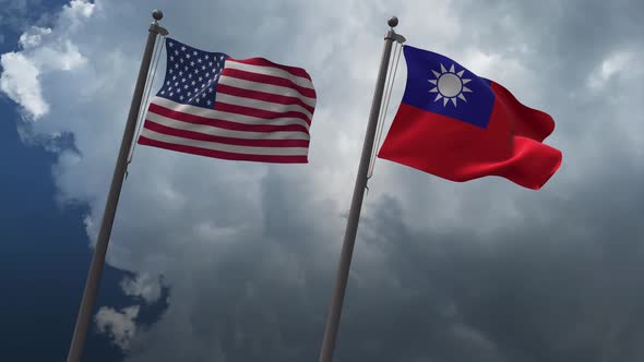 Waving Flags Of The United States And The Taiwan 4K