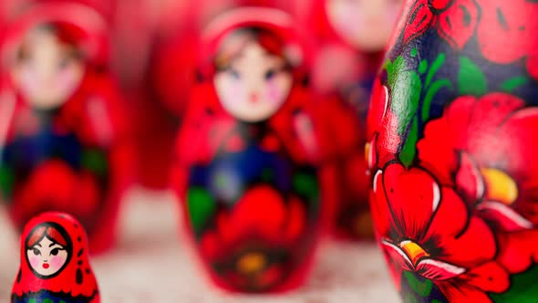Handmade matryoshka dolls. Set of traditional Russian toys in different sizes.