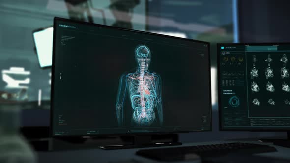 Futuristic x-ray scanner is analyzing the anatomical structure of the human body alt