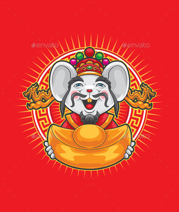 Happy Mouse Cartoon with Gold Ingot