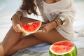 Woman on the Tropical Beach Eating Watermelon Close-up - PhotoDune Item for Sale