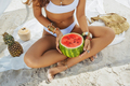 Woman on the Tropical Beach Eating Watermelon - PhotoDune Item for Sale