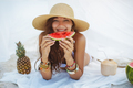 Woman on the Tropical Beach Eating Watermelon - PhotoDune Item for Sale