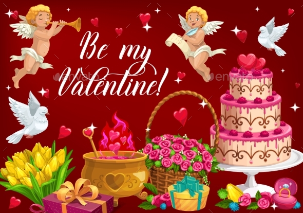 Valentines Day Greetings Cupids Flower Bouquets