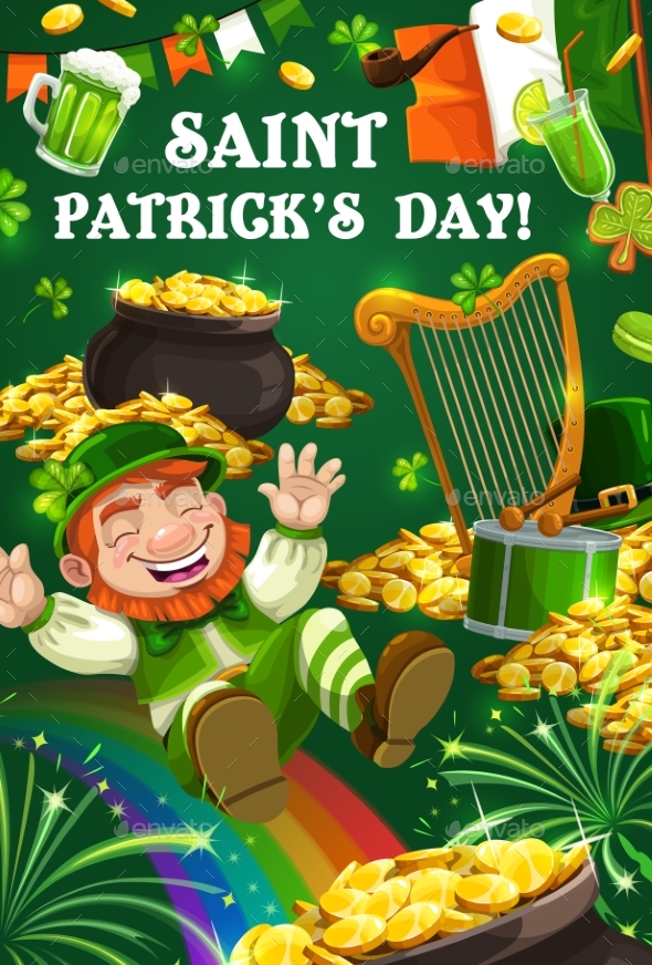 St Patrick Day Leprechaun Gold Coins and Rainbow