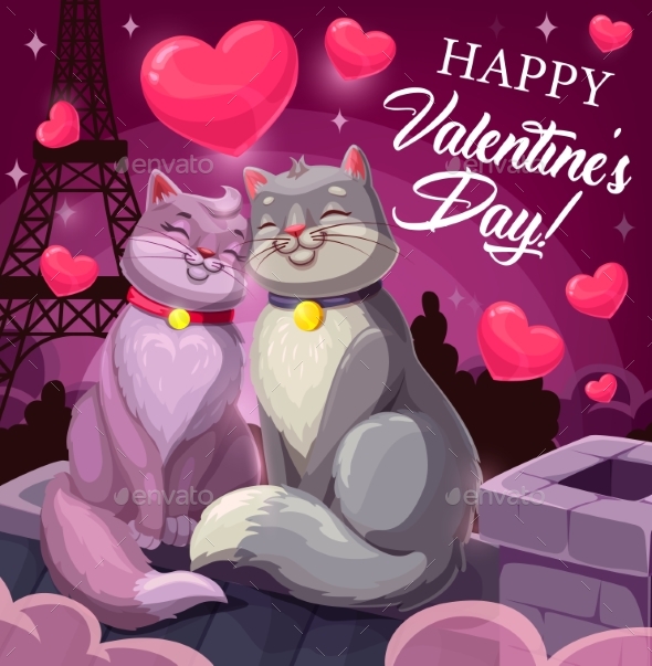 Valentine Day Love Hearts and Cats in Paris