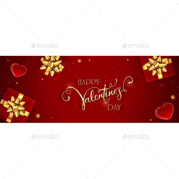 Gift Box with Golden Holiday Bow and Valentines Hearts on Red Background