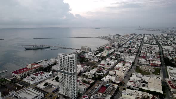 drone shot of the bay of veracruz at sunrise