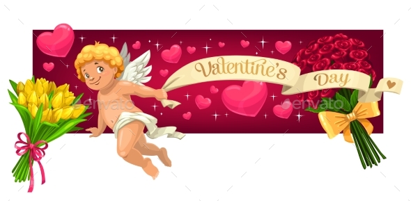 Valentines Day Hearts Flowers and Cupid Angel