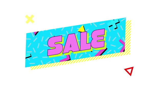 Retro Sale text in ribbon above colourful shapes