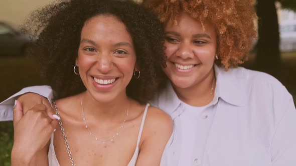 Close Up Portrait Lovely Beautiful Happy Lesbian African American Couple Hugging Around City Street