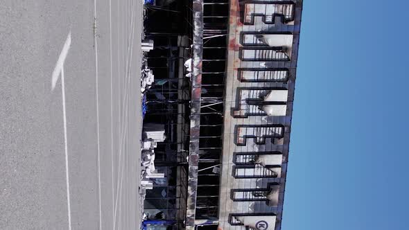 Vertical Video of a Wartorn Shopping Center in Bucha Ukraine