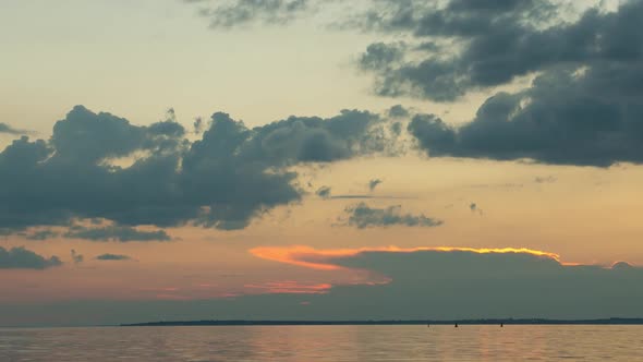 Very Beautiful Orange Sunset Over The River With Clouds, Time Lapse