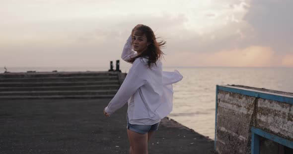 Freedom Young Happy Woman Running on the Pier