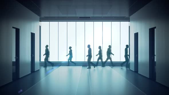 Silhouettes of a crowd of backlighted people walking in bright spacious lobby.