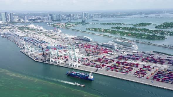 Bird-eye View Over the Port Miami Area and City Panorama at the Background