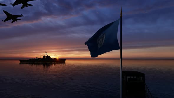 Waving UN Flag Warship and Passing Warplanes