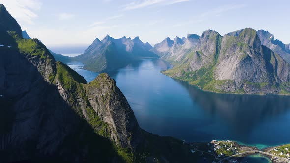 Flying Above Kirkefjord and Reine Village on Lofoten Islands