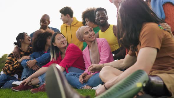 Diverse Friends Having Fun Outdoor During Summer Vacations Focus on Muslim Girl Face Diversity and