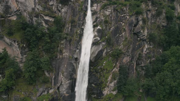 Aerial view of an amazing waterfall in Cevio, Ticino, Switzerland.