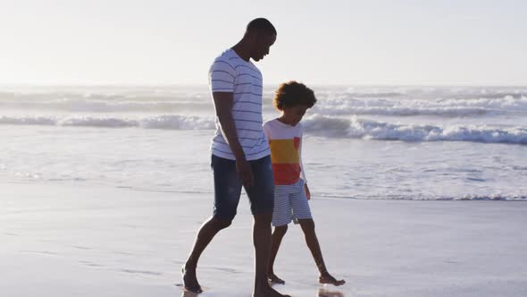 African american father and his son walking and holding hands on the beach