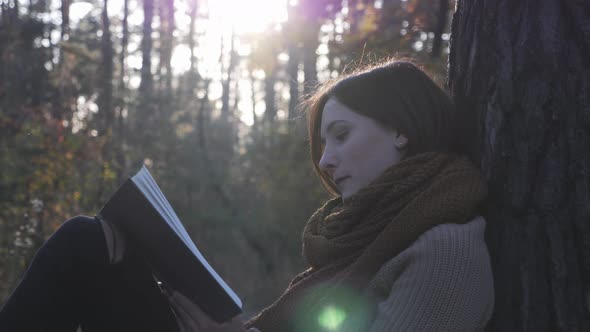 Happy cute brunette woman traveler reading book in autumn forest at sunset