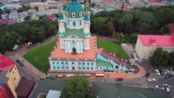 Aerial Top View of Saint Andrew's Church and Andreevska Street From Above in Kiev Ukraine.