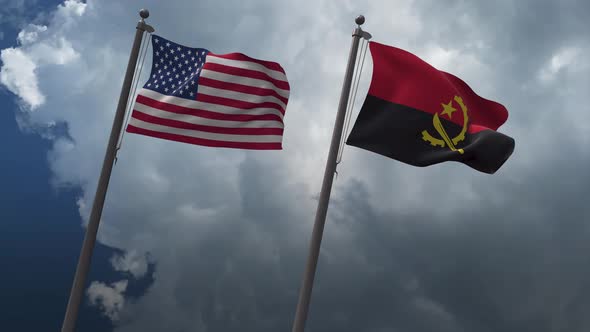 Waving Flags Of The United States And The Angola 4K