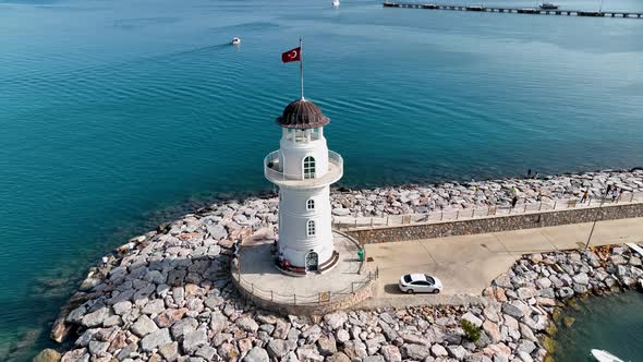 Lighthouse in the port aerial view Turkey Alanya 4 K