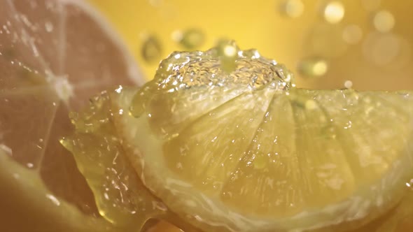 Slow Motion Shot of Lemon Juice Splashing Through Lemon Slices