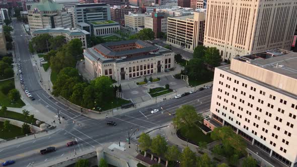 Columbus Ohio city hall at dusk, aerial drone.