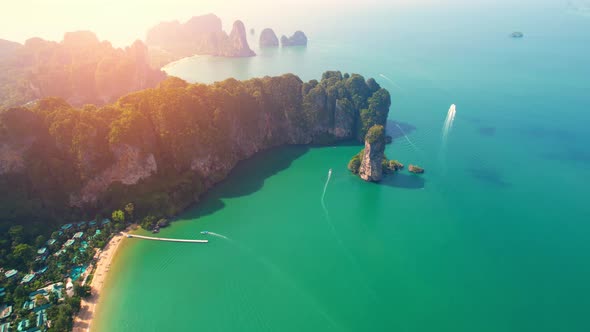 An aerial view from a drone over the bay, tropical seas and beautiful scenery