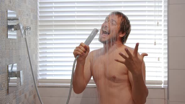 Happy Young Man Singing Taking Morning Shower