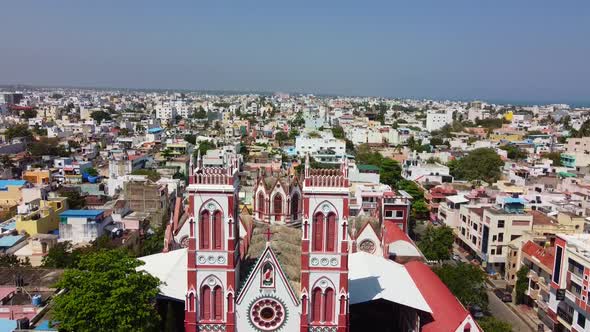 Drone shot of Basilica of the Sacred Heart of Jesus, situated on the south boulevard of Pondicherry