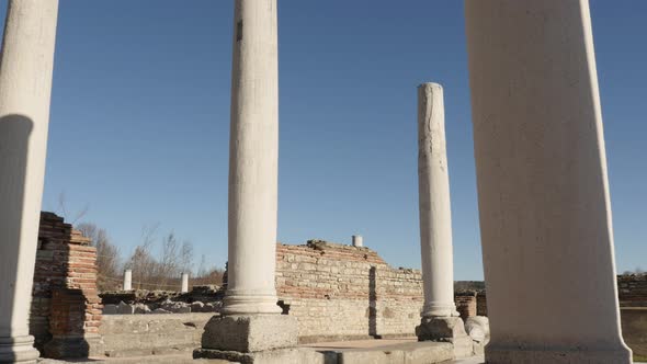 GAMZIGRAD, SERBIA - DECEMBER 25, 2017 High white columns of ancient Felix Romuliana palace built by 